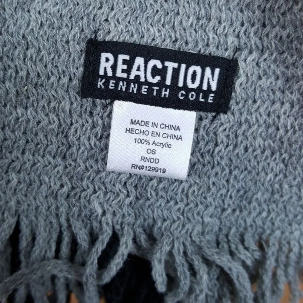 KENNETH COLE REACTION Mens Beanie Hat Scarf Grey Stripe Knit Logo Fringe Set
